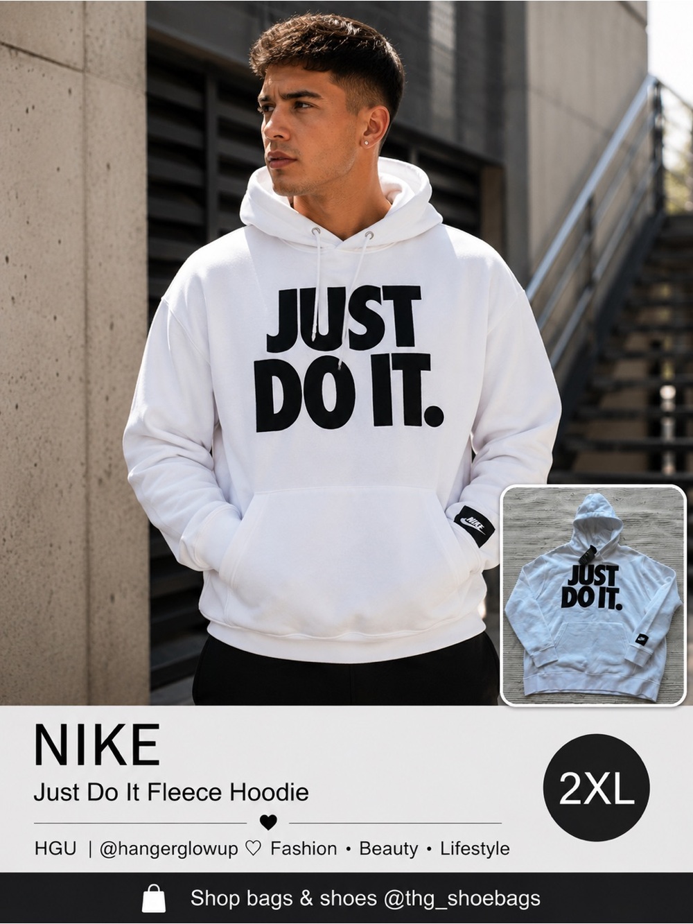 Deadstock Nike Just Do It Fleece Hoodie White Black Logo Pullover 2XL